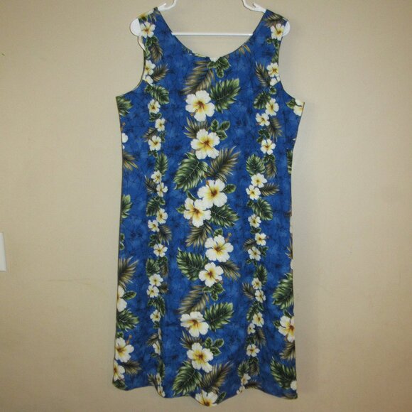 Vintage KY’s Made in Hawaii Blue Hibiscus Hawaiian Floral Shift Dress Plus sz 2X - Picture 1 of 4